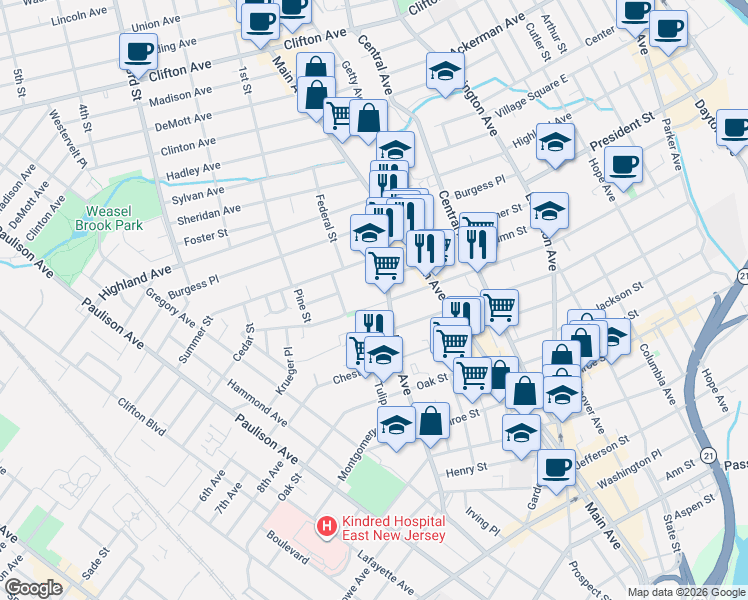 map of restaurants, bars, coffee shops, grocery stores, and more near 173 Myrtle Avenue in Passaic