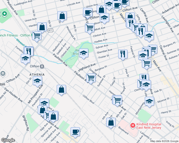map of restaurants, bars, coffee shops, grocery stores, and more near 663 Gregory Avenue in Clifton
