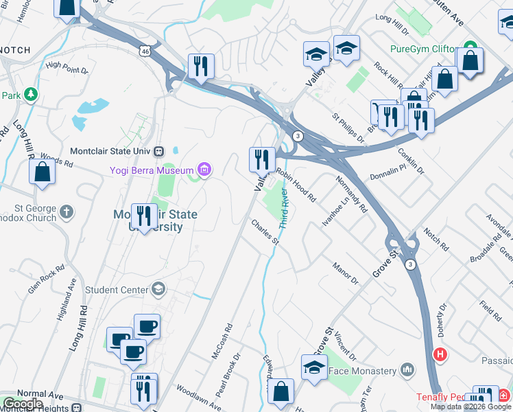 map of restaurants, bars, coffee shops, grocery stores, and more near 983 Valley Road in Clifton