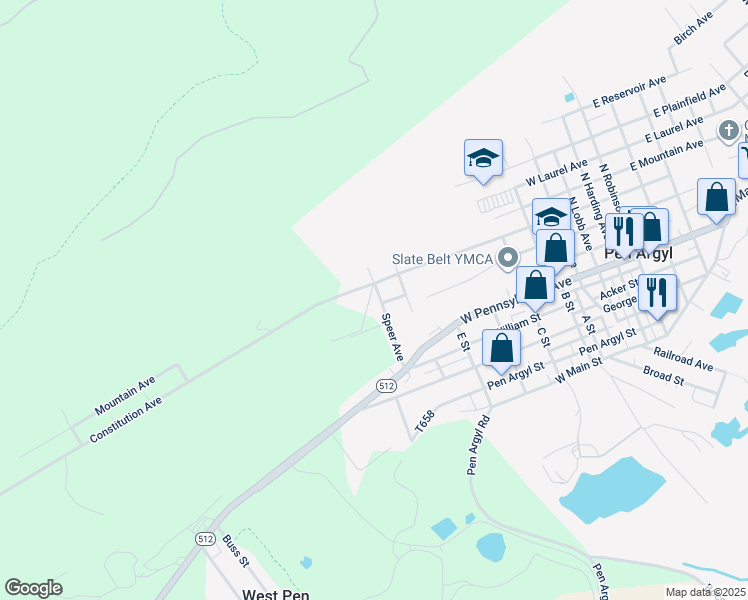 map of restaurants, bars, coffee shops, grocery stores, and more near 137 Speer Avenue in Pen Argyl