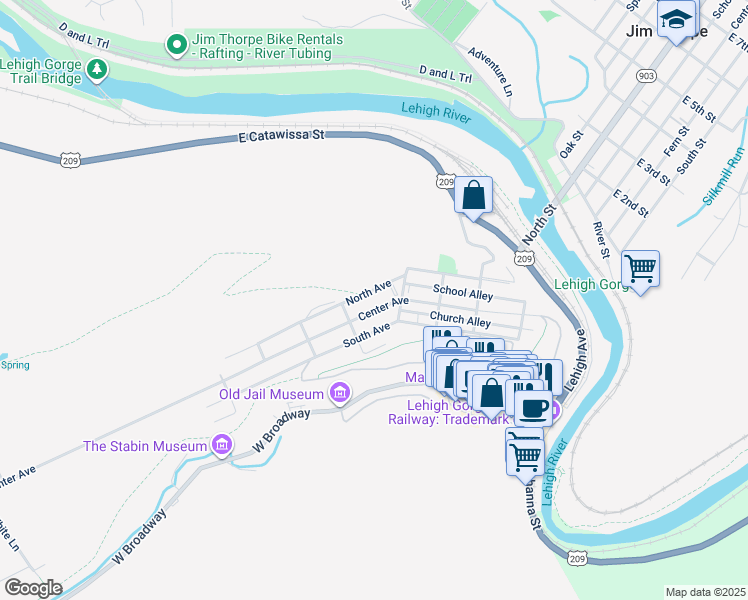 map of restaurants, bars, coffee shops, grocery stores, and more near Switchback Railroad Trail in Jim Thorpe