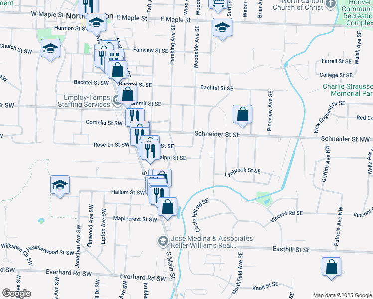 map of restaurants, bars, coffee shops, grocery stores, and more near 415 Rose Lane Street Southeast in North Canton