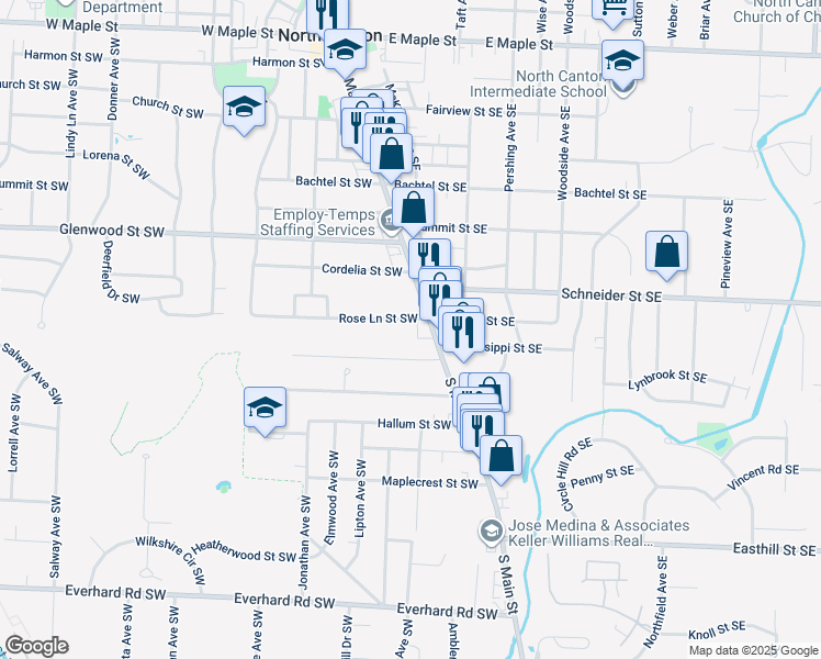 map of restaurants, bars, coffee shops, grocery stores, and more near 1119 South Main Street in North Canton