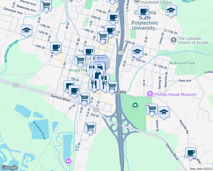 map of restaurants, bars, coffee shops, grocery stores, and more near 736 F Street in Arcata