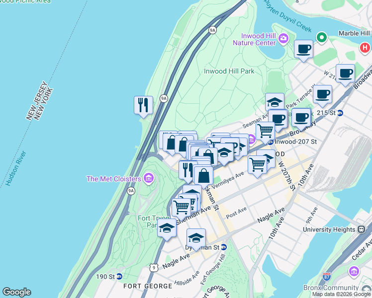 map of restaurants, bars, coffee shops, grocery stores, and more near 269 Dyckman Street in New York