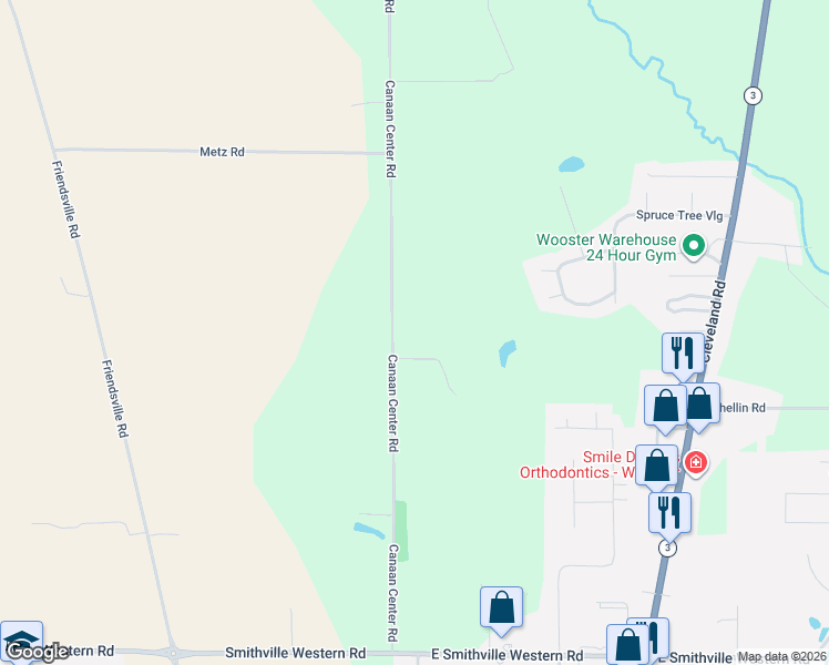 map of restaurants, bars, coffee shops, grocery stores, and more near 5571 Canaan Center Road in Wooster