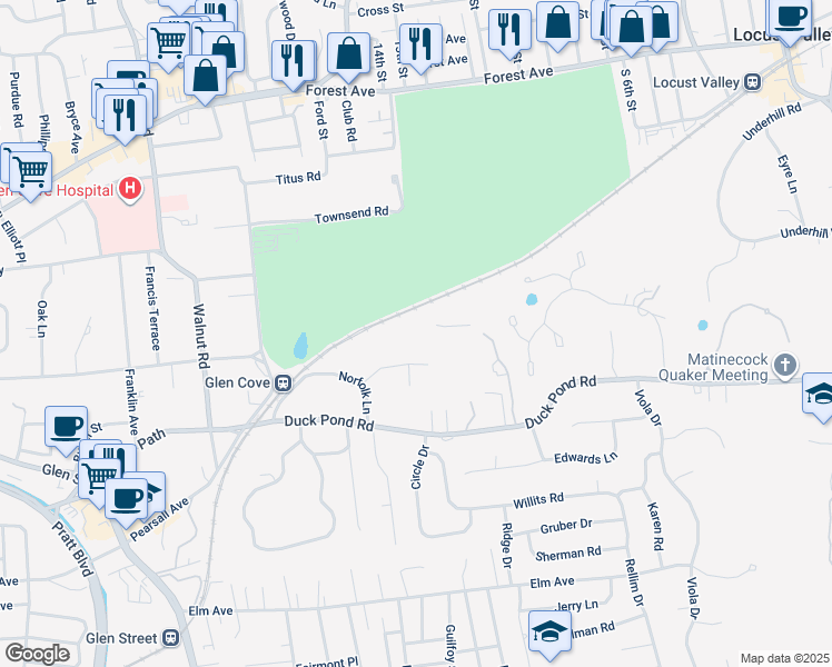 map of restaurants, bars, coffee shops, grocery stores, and more near 5-21 Raynham Road in Glen Cove