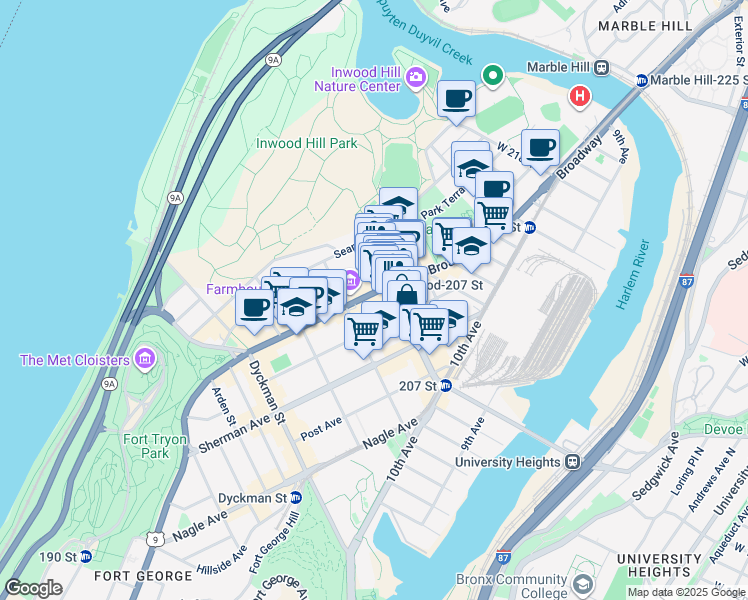 map of restaurants, bars, coffee shops, grocery stores, and more near 4908 Broadway in New York