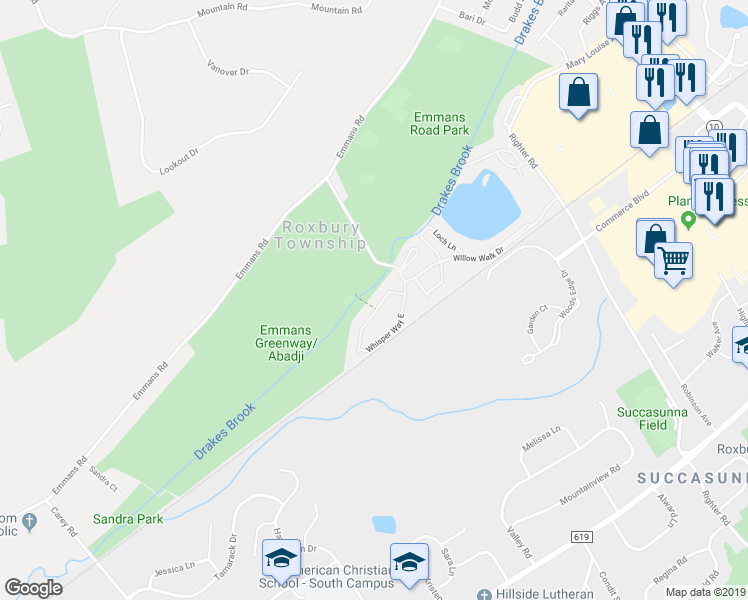 map of restaurants, bars, coffee shops, grocery stores, and more near 30 Whisper Way East in Roxbury Township