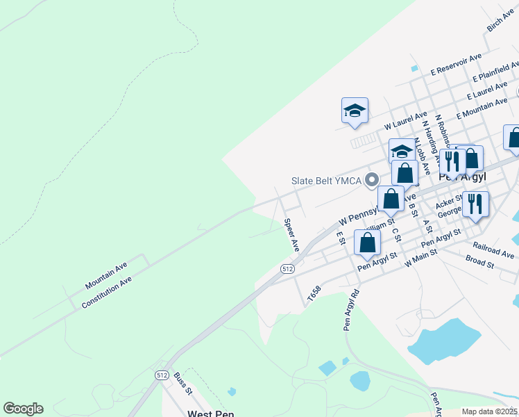map of restaurants, bars, coffee shops, grocery stores, and more near 836 Constitution Avenue in Pen Argyl