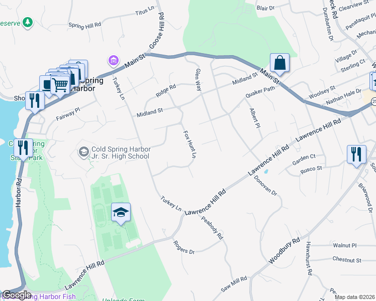 map of restaurants, bars, coffee shops, grocery stores, and more near 18 Fox Hunt Lane in Cold Spring Harbor