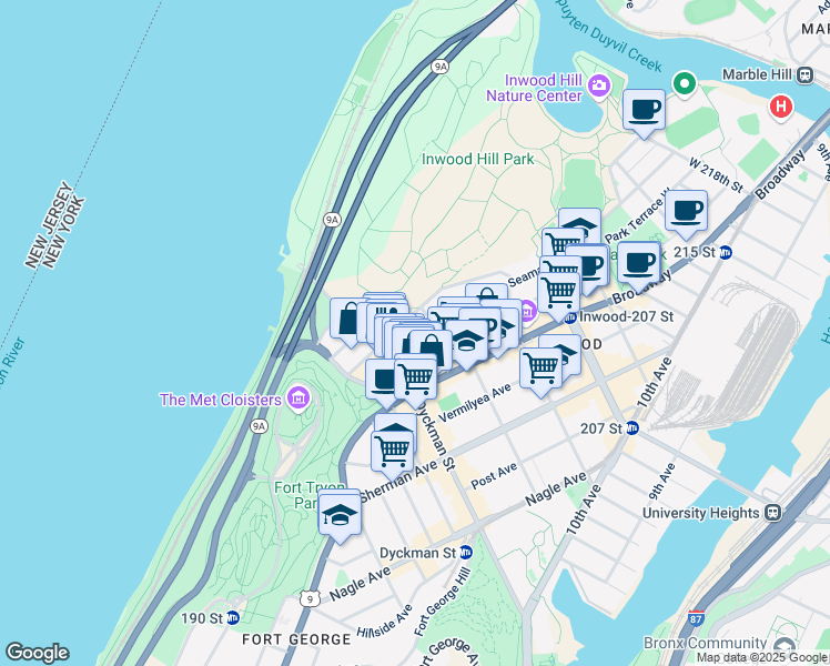 map of restaurants, bars, coffee shops, grocery stores, and more near 30 Seaman Avenue in New York