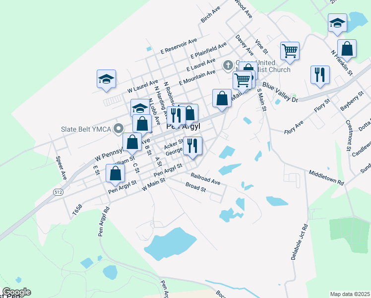 map of restaurants, bars, coffee shops, grocery stores, and more near 8 George Street in Pen Argyl