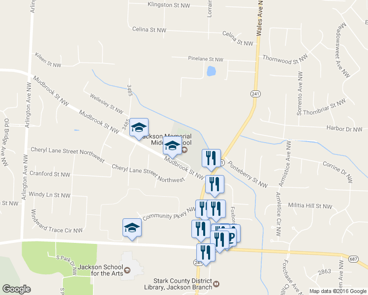 map of restaurants, bars, coffee shops, grocery stores, and more near 7355 Mudbrook Street Northwest in Massillon