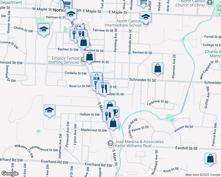 map of restaurants, bars, coffee shops, grocery stores, and more near 314 Rose Lane Street Southwest in North Canton
