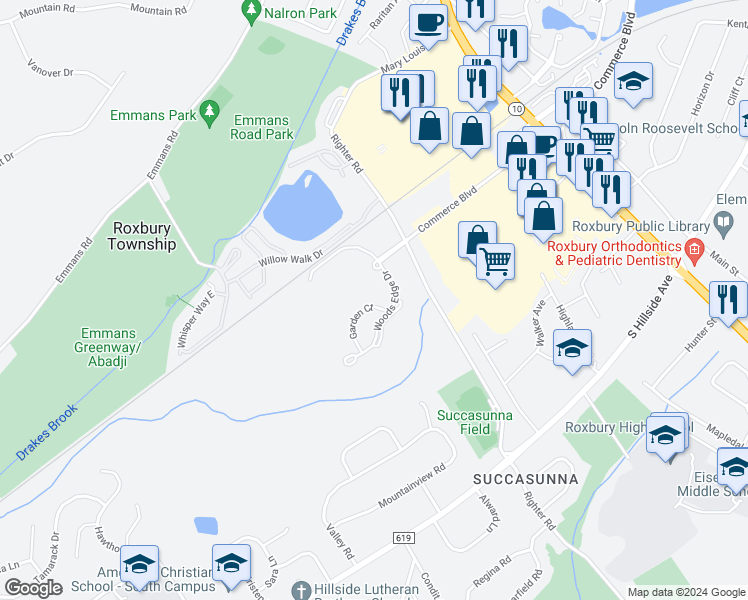 map of restaurants, bars, coffee shops, grocery stores, and more near 8 Garden Court in Roxbury Township