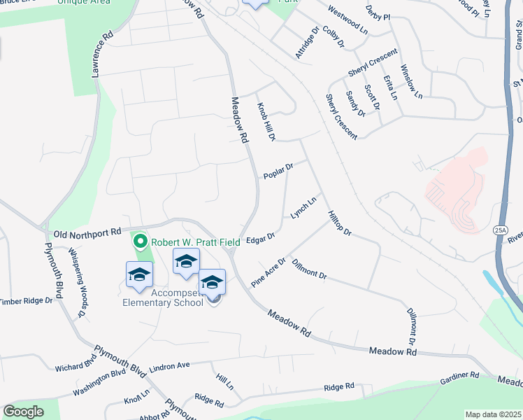 map of restaurants, bars, coffee shops, grocery stores, and more near 607 Meadow Road in Kings Park