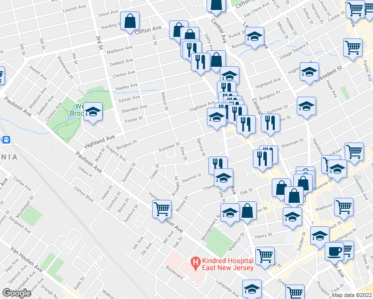 map of restaurants, bars, coffee shops, grocery stores, and more near 252 Autumn Street in Passaic