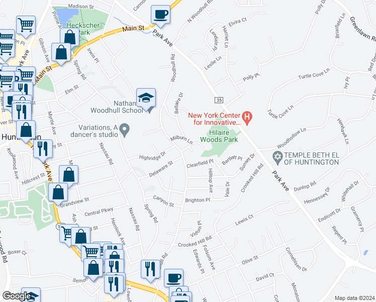 map of restaurants, bars, coffee shops, grocery stores, and more near 4 Hilaire Drive in Huntington