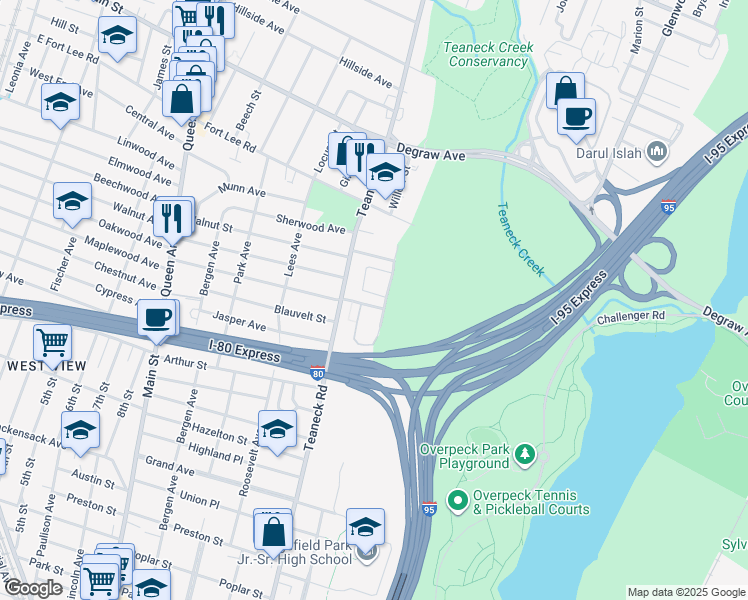 map of restaurants, bars, coffee shops, grocery stores, and more near 112 Parkview Drive in Teaneck
