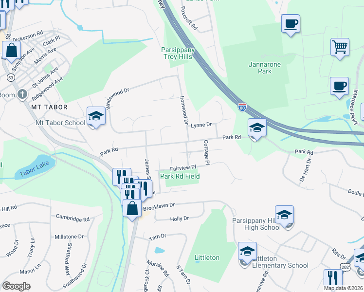 map of restaurants, bars, coffee shops, grocery stores, and more near 659 Park Road in Morris Plains