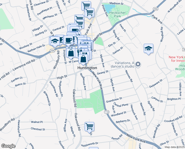 map of restaurants, bars, coffee shops, grocery stores, and more near in Huntington