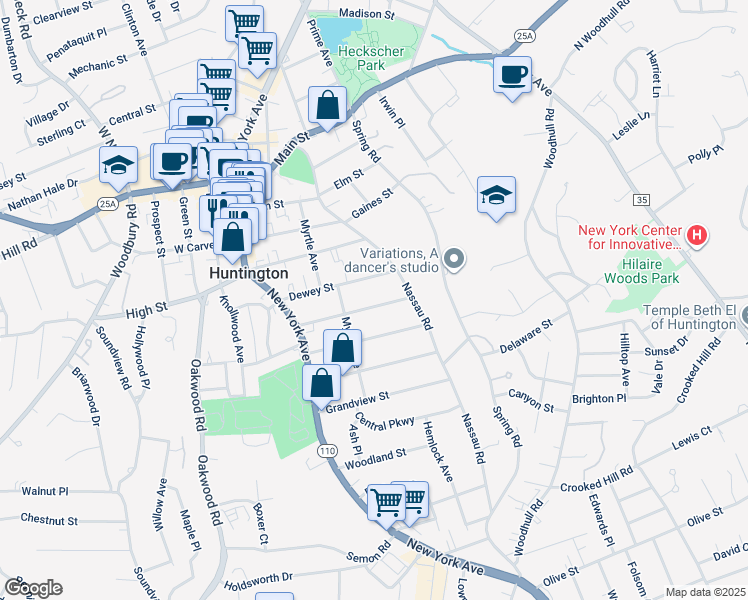 map of restaurants, bars, coffee shops, grocery stores, and more near 67 Sammis Street in Huntington