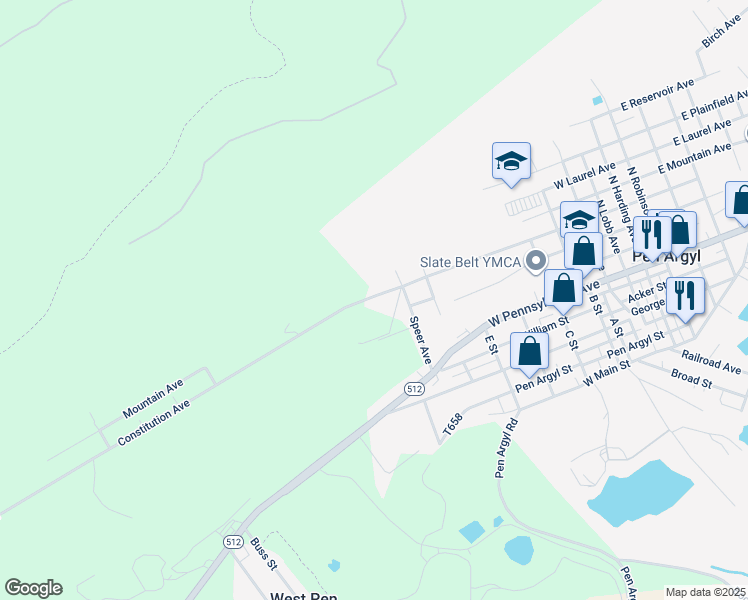 map of restaurants, bars, coffee shops, grocery stores, and more near 836 Constitution Avenue in Pen Argyl