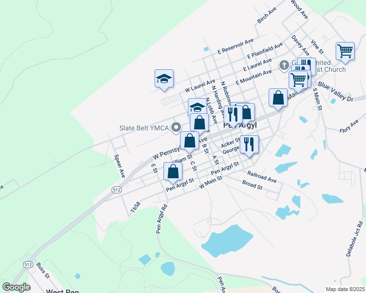 map of restaurants, bars, coffee shops, grocery stores, and more near West Pennsylvania Avenue in Northampton County