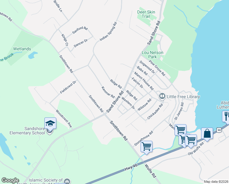 map of restaurants, bars, coffee shops, grocery stores, and more near 326 Sand Shore Road in Mount Olive