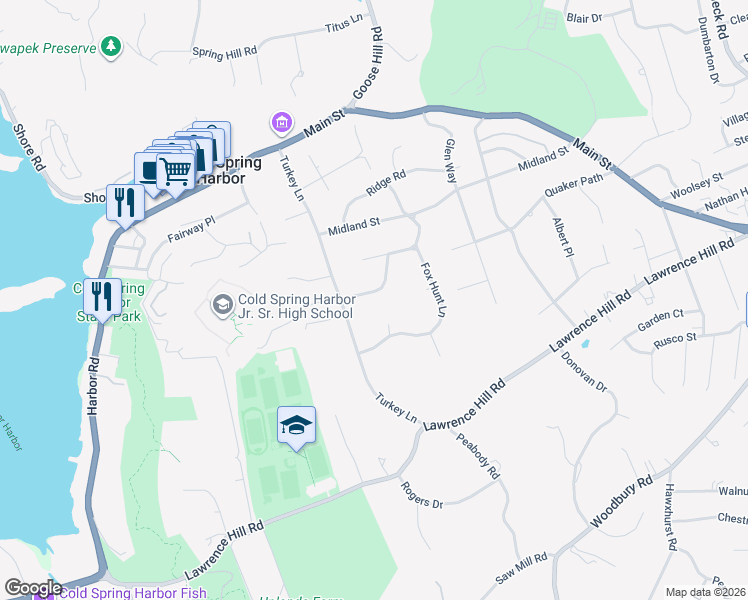 map of restaurants, bars, coffee shops, grocery stores, and more near 6 Kennedy Lane in Cold Spring Harbor
