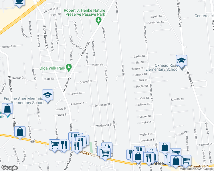 map of restaurants, bars, coffee shops, grocery stores, and more near 114 Main Avenue in Lake Grove