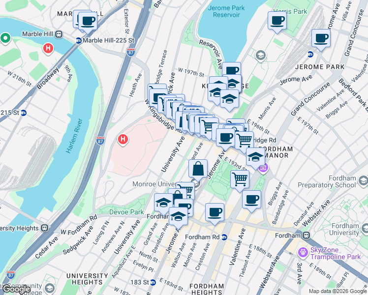map of restaurants, bars, coffee shops, grocery stores, and more near 2621 Aqueduct Avenue West in Bronx