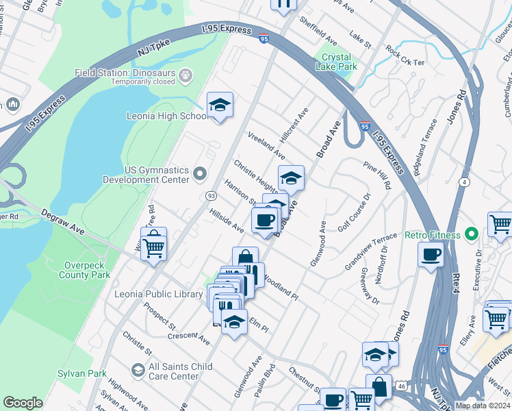 map of restaurants, bars, coffee shops, grocery stores, and more near 229 Harrison St in Leonia