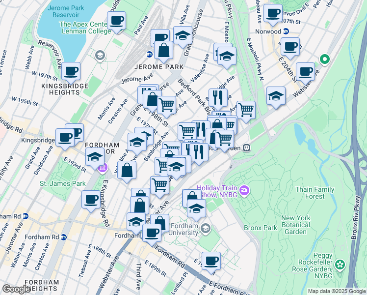 map of restaurants, bars, coffee shops, grocery stores, and more near 340 Marion Avenue in Bronx
