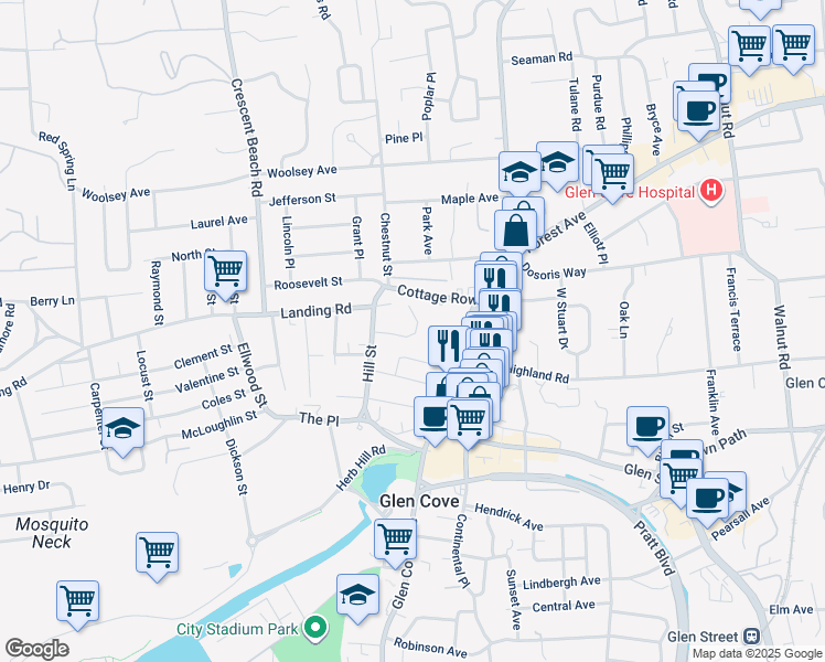 map of restaurants, bars, coffee shops, grocery stores, and more near 40 Hill Street in Glen Cove