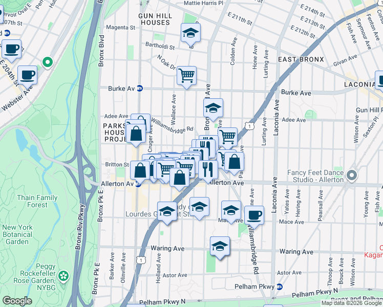 map of restaurants, bars, coffee shops, grocery stores, and more near 2766 Barnes Avenue in Bronx