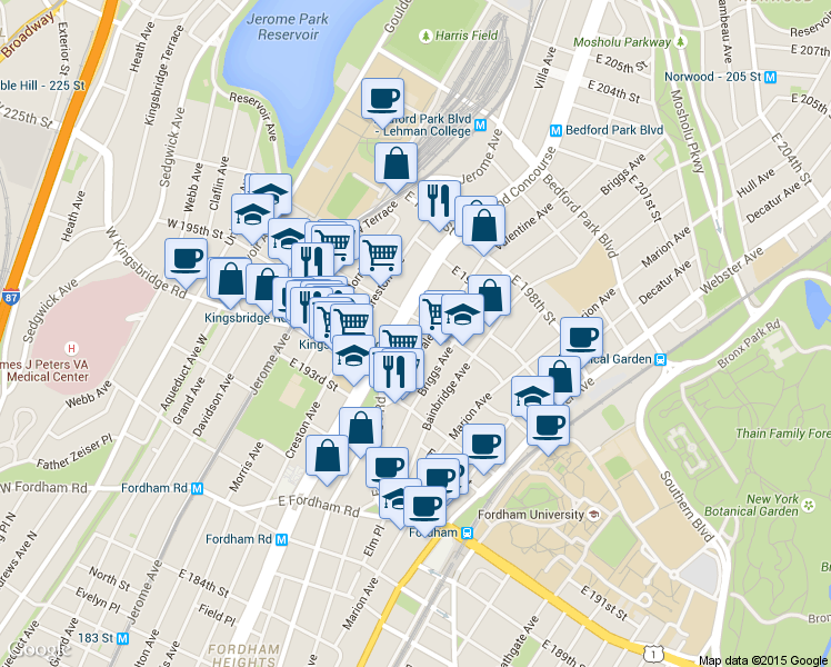 map of restaurants, bars, coffee shops, grocery stores, and more near 205 East 196th Street in The Bronx