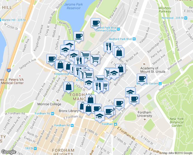 map of restaurants, bars, coffee shops, grocery stores, and more near 205 East 196th Street in The Bronx
