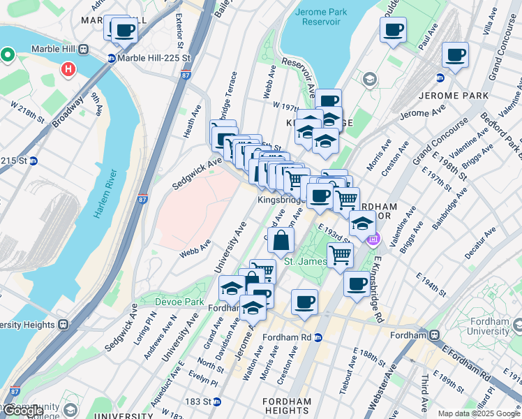 map of restaurants, bars, coffee shops, grocery stores, and more near 2621 Aqueduct Avenue West in Bronx