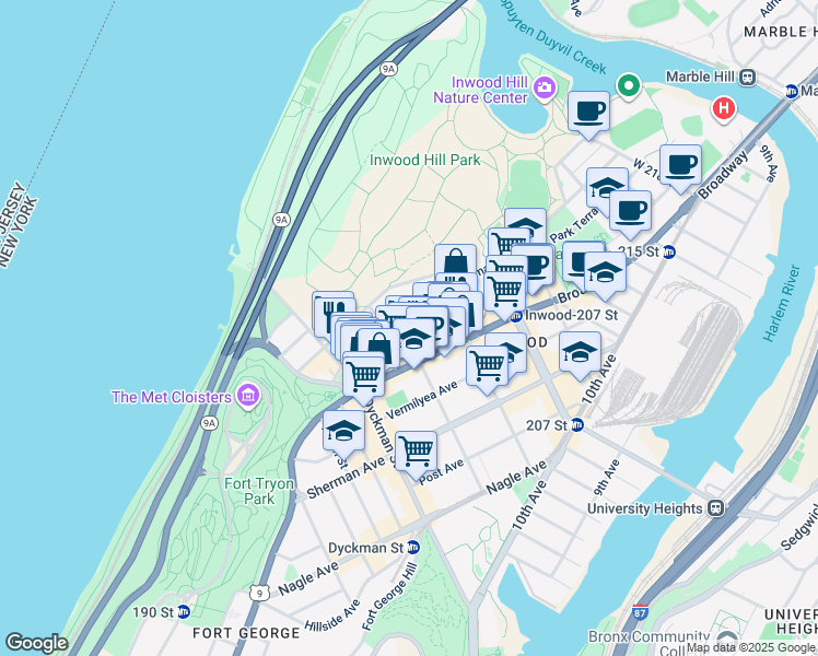 map of restaurants, bars, coffee shops, grocery stores, and more near 49 Seaman Avenue in New York