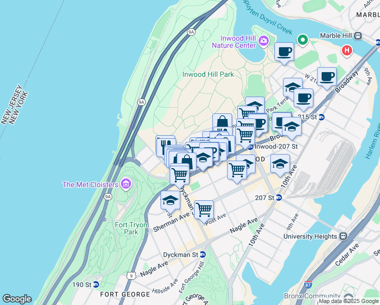 map of restaurants, bars, coffee shops, grocery stores, and more near 49 Seaman Avenue in New York