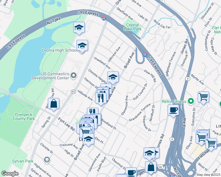 map of restaurants, bars, coffee shops, grocery stores, and more near 254 Christie Heights Street in Leonia