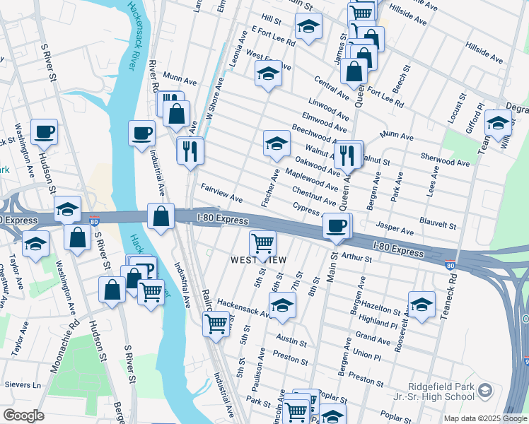 map of restaurants, bars, coffee shops, grocery stores, and more near 132 Fairview Avenue in Bogota