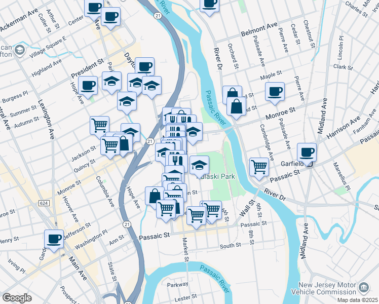 map of restaurants, bars, coffee shops, grocery stores, and more near 167 3rd Street in Passaic