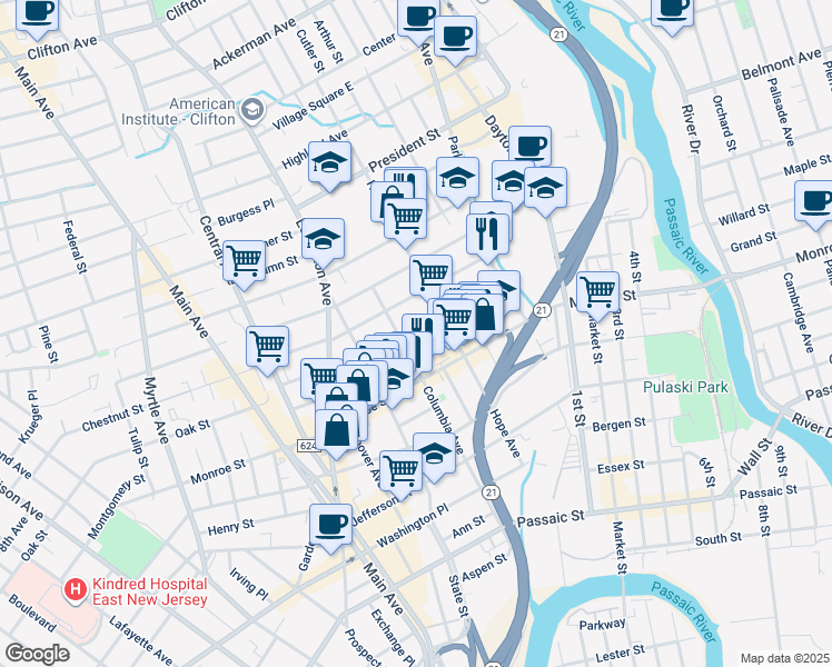 map of restaurants, bars, coffee shops, grocery stores, and more near 67 Jackson Street in Passaic