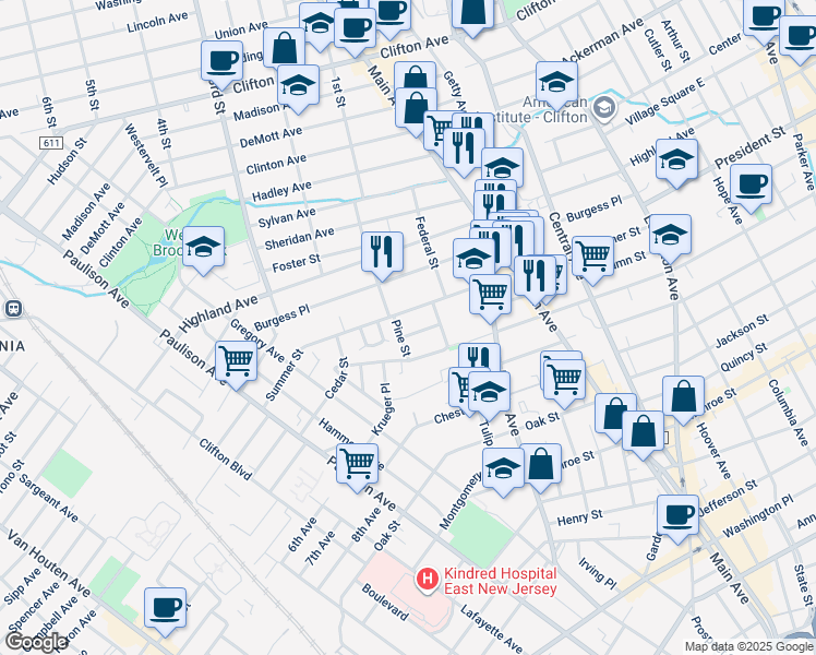 map of restaurants, bars, coffee shops, grocery stores, and more near 252 Autumn Street in Passaic