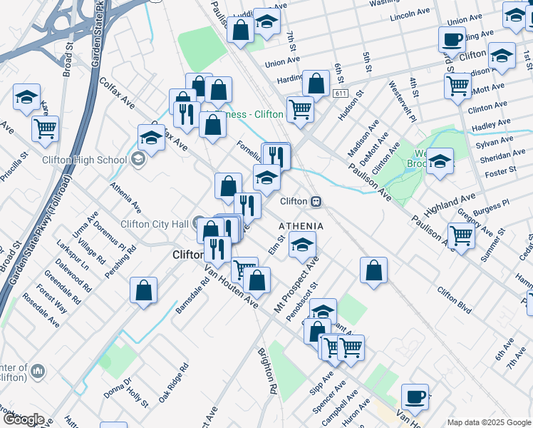 map of restaurants, bars, coffee shops, grocery stores, and more near in Clifton
