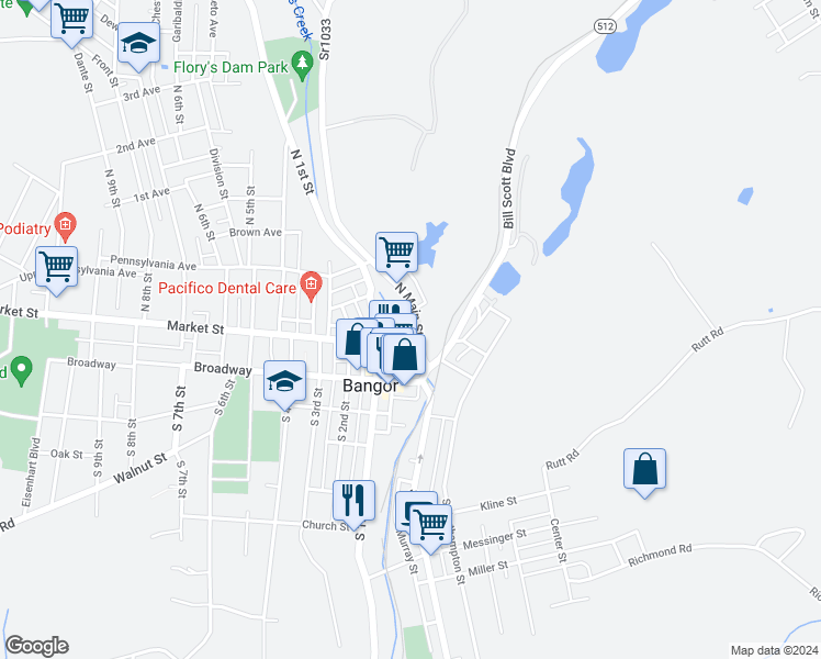 map of restaurants, bars, coffee shops, grocery stores, and more near 29 North 1st Street in Bangor