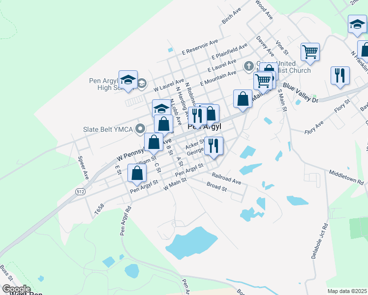 map of restaurants, bars, coffee shops, grocery stores, and more near 23 South Lobb Avenue in Pen Argyl